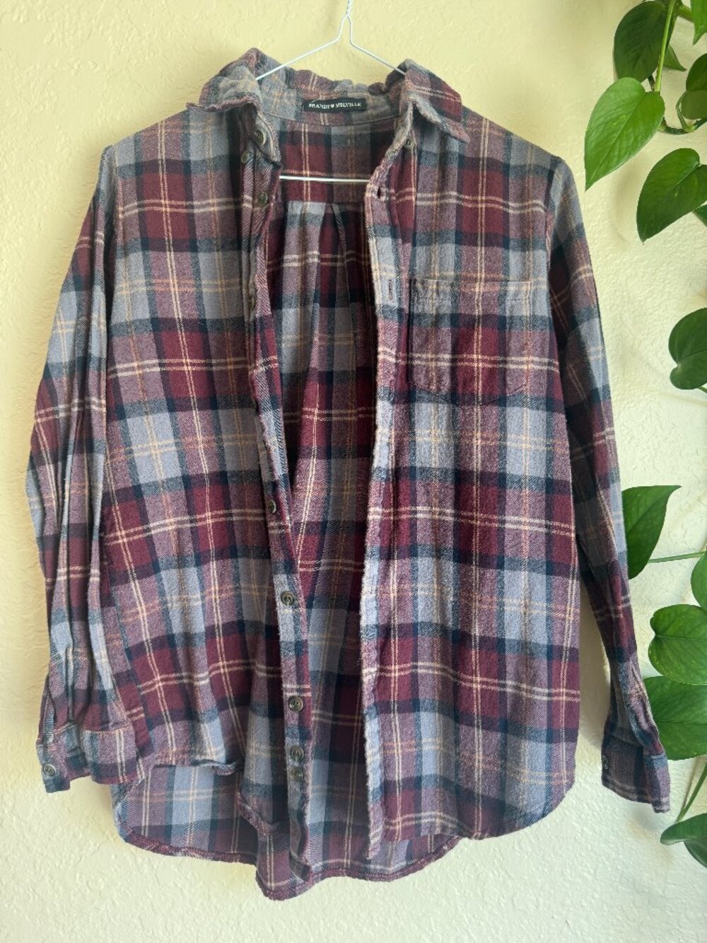 Brandy Melville Burgundy Plaid Flannel Button Down Shirt Oversized Grunge